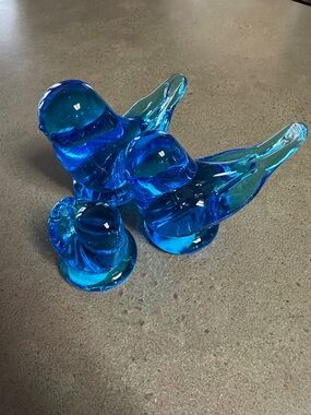 Vintage Leo Ward Terra Studios Handblown Blue Glass Bird Figurines - Set of 3